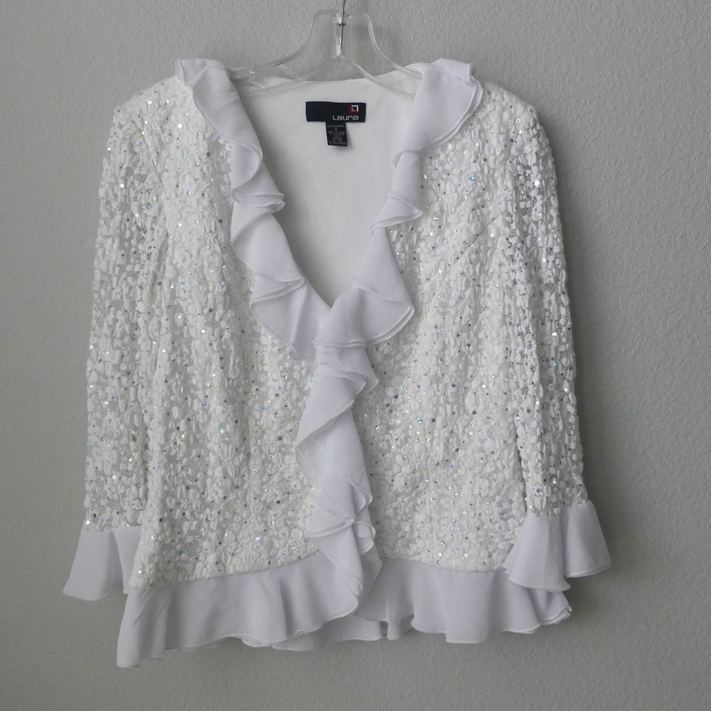 Laura White Lace‎ Sequin Ruffle Top V-Neck Jacket Sz S Pirate Glam Special